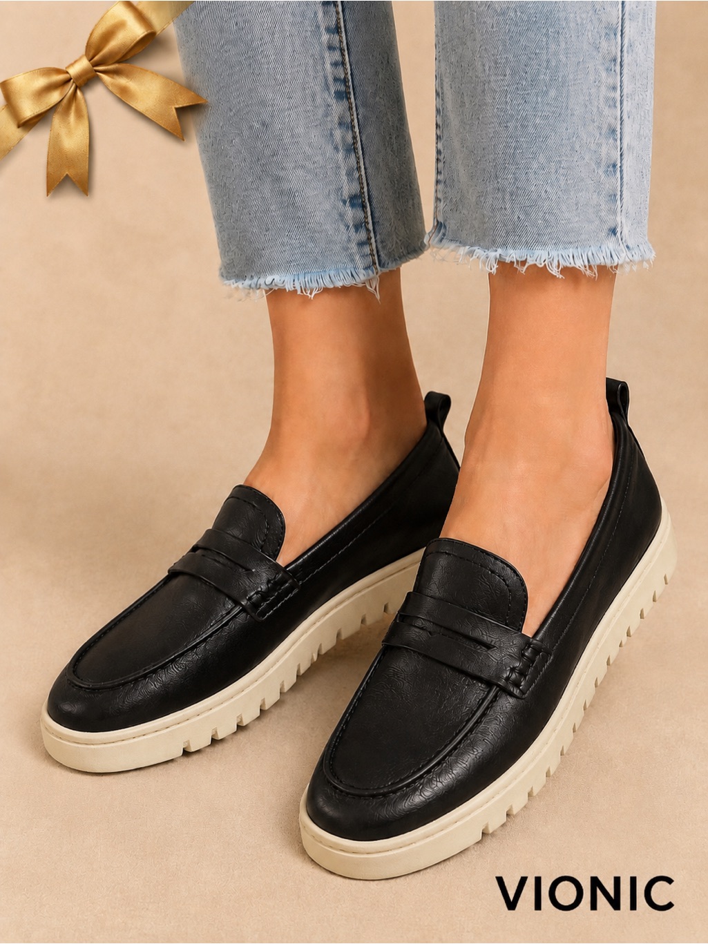 Vionic Uptown Black Leather Platform Loafers Size 7.5